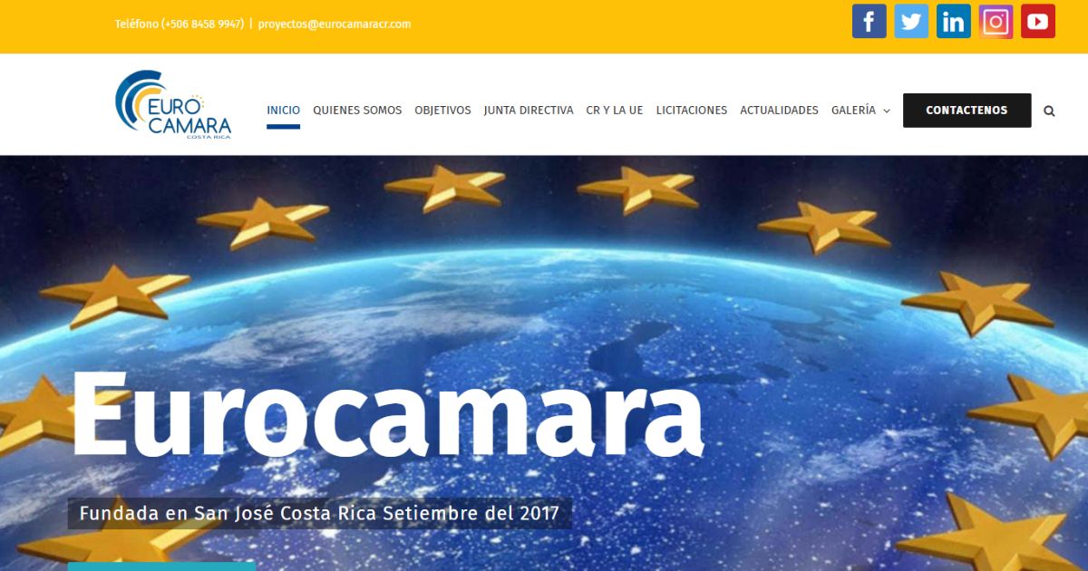 Sitio web de EuroCámara Costa Rica: plataforma institucional con secciones para afiliados y actividades empresariales.