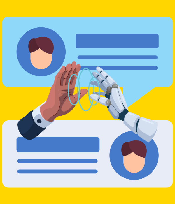 Ilustración de una mano humana saludando a una mano robótica, con íconos de comunicación. Representa soporte técnico cercano y colaboración entre humanos y tecnología.