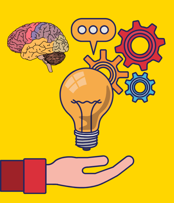 Ilustración de una mano con bombilla, engranajes, cerebro y burbuja de diálogo. Representa creatividad, innovación y tecnología en una agencia web.