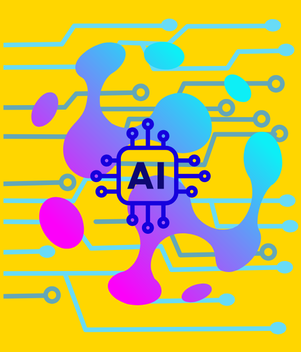 Ilustración colorida de un chip de inteligencia artificial con conexiones digitales. Representa automatización, tecnología y soluciones inteligentes.